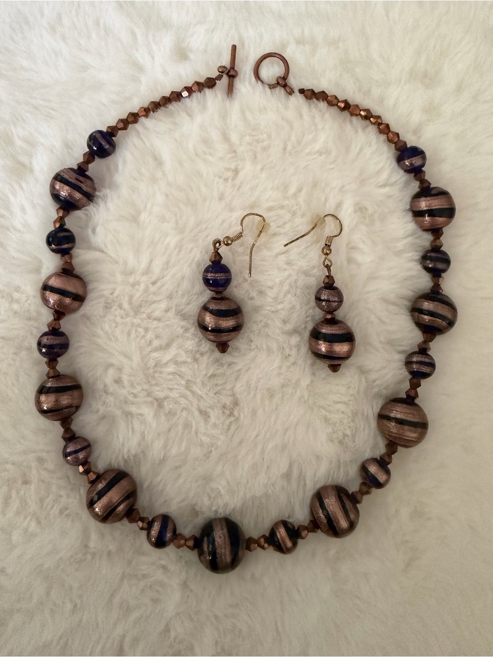 Handcrafted Striped Bead Necklace & Earring Set - Black and Copper Swirl
